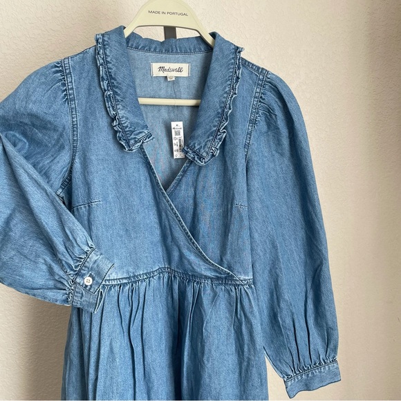 Madewell Ruffle-Collar Faux-Wrap Dress Tencel Denim Edition XXS NWT - Picture 7 of 14